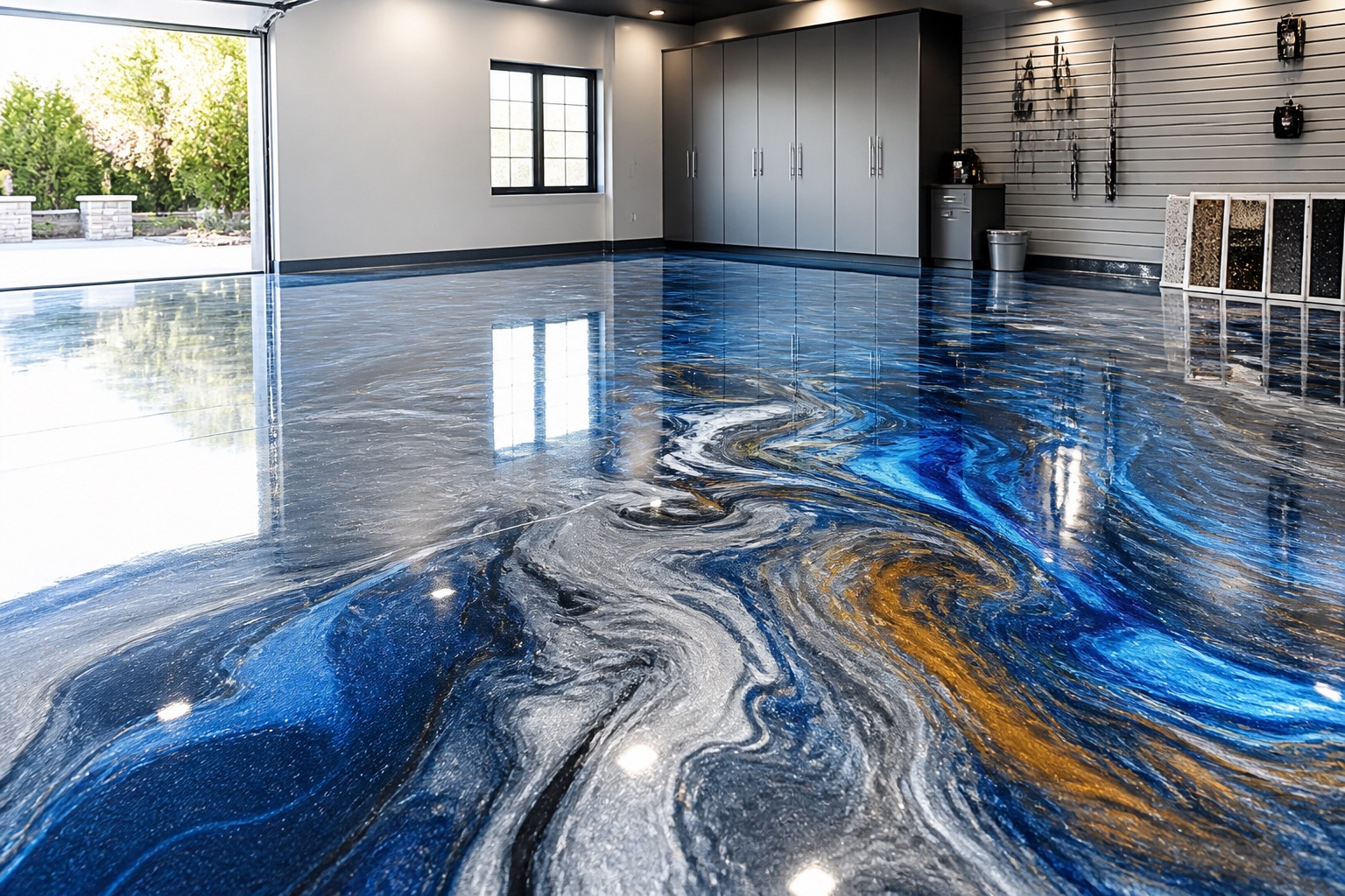 Glossy blue, silver, and amber epoxy floor in a modern garage showroom